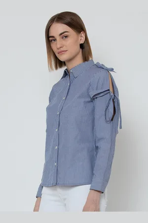 DODO & MOA Women Navy Blue & Off-White Striped Casual Shirt
