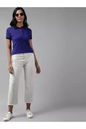 Cayman Women Blue Polo Collar Slim Fit T-shirt