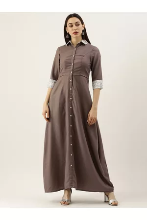 Ethnovog Women Brown Solid Made To Measure Shirt Maxi Dress