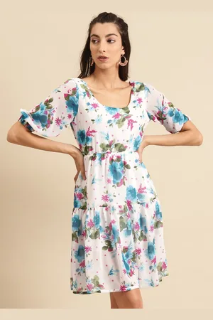 DODO & MOA Women White & Blue Printed Tiered A-Line Dress