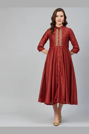 Rangriti Women Rust Brown & Golden Embroidered Detail Shirt Dress