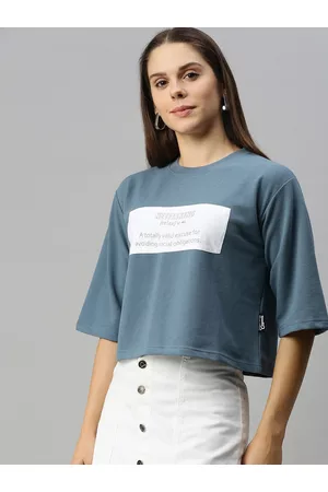 Campus Blue & White Denim Printed Boxy Top