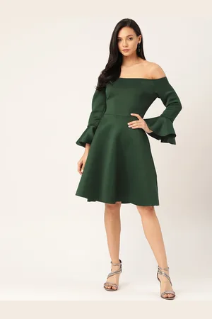 DODO & MOA Women Teal Green Solid Off-Shoulder Fit and Flare Dress With Bell Sleeves