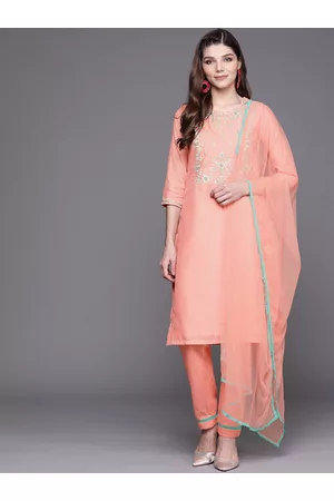 Biba Women Peach-Coloured & Blue Embroidered Kurta with Trousers & Dupatta