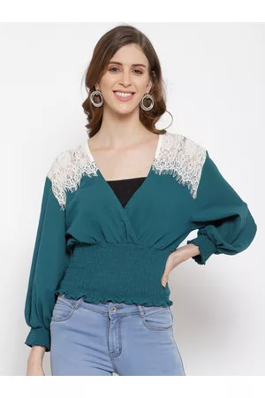 Scouph Teal & Off White Puff Sleeve Smocked Empire Top