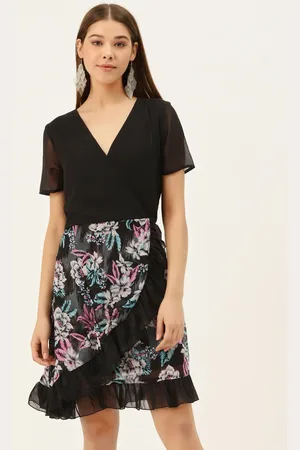 DODO & MOA Women Black & Printed Wrap Dress