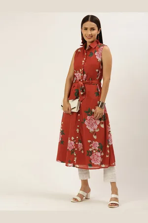 Ethnovog Women Orange Green Floral Printed Floral Georgette Kurta