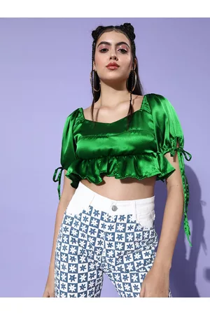 DODO & MOA Women Green Solid Cropped Top