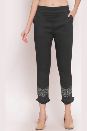 KLOTTHE Women Charcoal Embroidered Smart Slim Fit Trousers