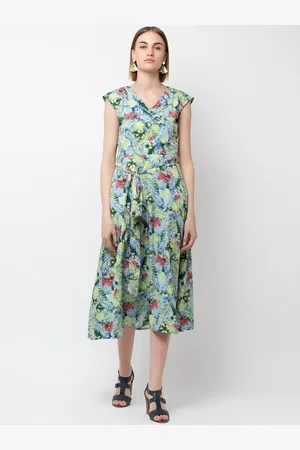 DODO & MOA Women Blue & Green Printed Fit and Flare Dress
