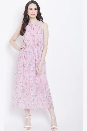 DODO & MOA Women Pink & White Floral Printed A-Line Dress