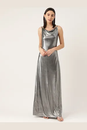 DODO & MOA Women Silver Solid Maxi Dress With Sheen Effect
