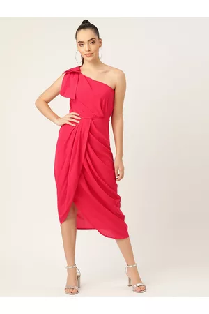 DODO & MOA Women Pink One Shoulder Wrap Midi Dress
