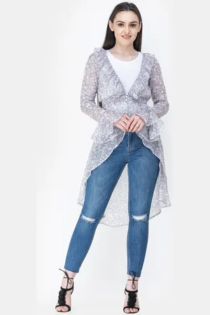 Cation Women Off-White & Blue Printed Button Shrug