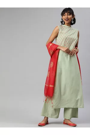 Tulsattva Women Green Printed Kurta with Palazzos & Dupatta