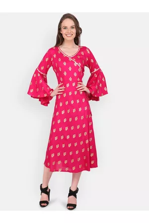MARC LOUIS Women Pink & Golden Printed Midi A-line Dress