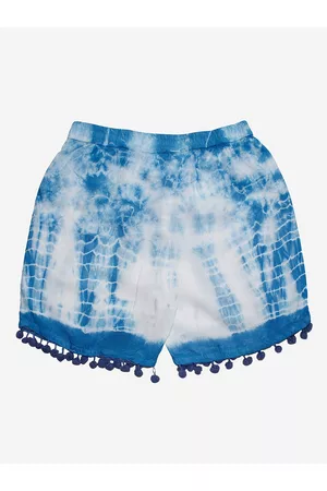 KiddoPanti Girls White & Blue Tie & Dye Pom Pom Lace Hem Shorts