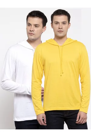 Friskers Men Yellow & White 2 Long Sleeve Hooded T-shirts