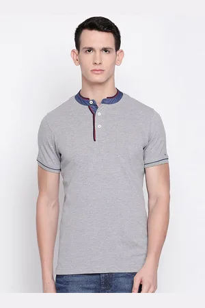Basics Men Grey Mandarin Collar Slim Fit T-shirt