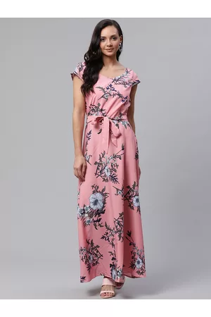Deewa Women Pink & Blue Floral Print Maxi Dress
