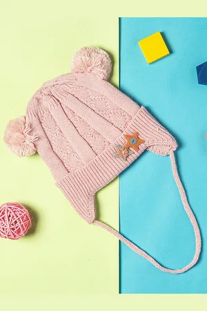 Baby Moo Girls Pink Knit Woollen Pom-Pom Beanie