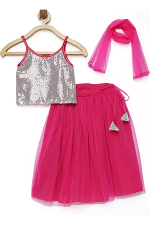 MANY FROCKS & Girls Pink & Silver-Toned Embellished Sequinned Ready to Wear Lehenga Blouse With Dupatta