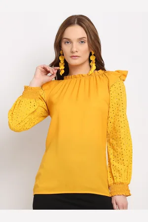 La Zoire Women Mustard Yellow Schiffli Georgette Regular Top