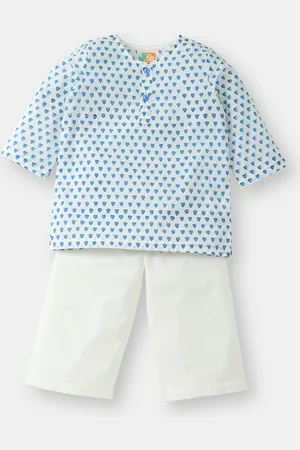 THE BABY LABEL Kids Blue & White Hand-Block Hearts Printed Pure Cotton Kurta with Pyjamas