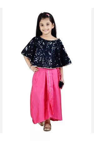 LilPicks Girls Navy Blue & Pink Embellished Top with Drape Skirt