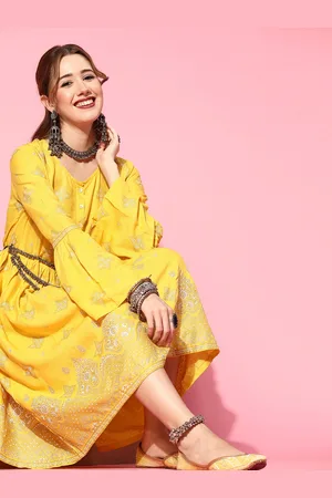 Sangria Women Bright Yellow Ethnic Motifs Dress
