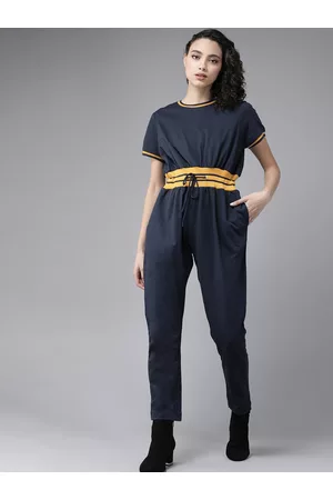 Roadster Women Jumpsuits - Women Navy Blue Pure Cotton Solid Basic Jumpsuit