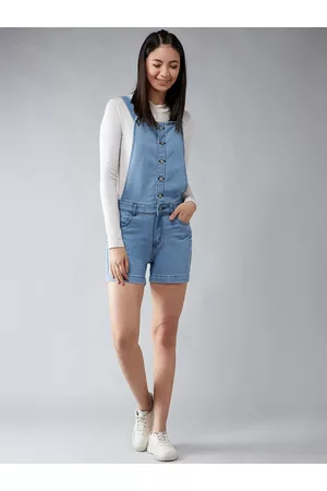 DOLCE CRUDO Women Blue Solid Light It Up Short Denim Dungarees