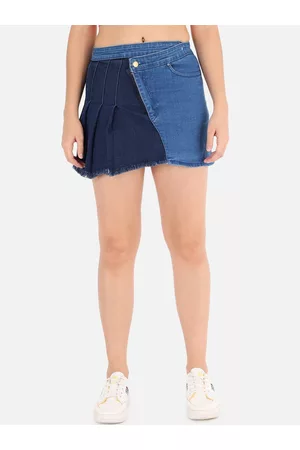 The Dry State Women Blue Colourblocked A-Line Mini Denim Skirt