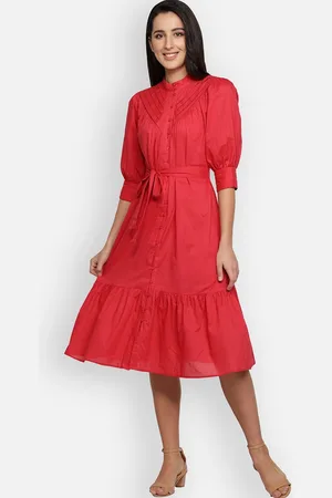 Blanc9 Women Red Belted Cotton Midi Dress