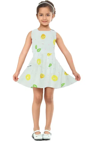 Kids On Board Girls Green & Yellow Tropical Printed Dress