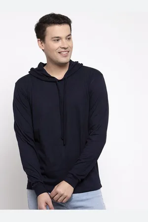Friskers Men Navy Blue Solid Cotton Hooded T-shirt