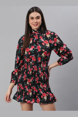 Cation Women Black & Red Printed Smocked Sheath Dress