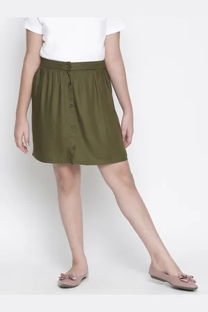 Oxolloxo Girls Khaki-Coloured Solid Midi A-Line Skirt
