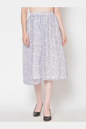 Cation Women White & Grey Floral Printed Midi Skirt