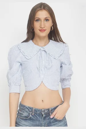 Oxolloxo Women Blue Striped Peter Pan Collar Puff Sleeve Wrap Crop Top