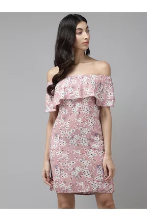 Cayman Women Pink & White Floral Printed Off Shoulder Sheath Dress