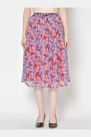 Cation Women Blue & Mauve Printed Flared Midi Skirt