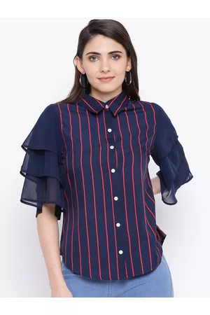 DODO & MOA Women Navy Blue & Red Striped Shirt Style Top