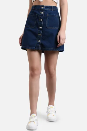 KOTTY Women Blue Solid Denim A-Line Mini Skirt