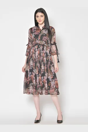 Cation Women Black & Pink Printed Fit and Flare Dress