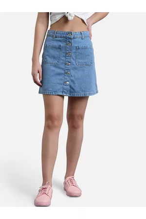 KOTTY Women Blue Solid Denim Mini A-Line Skirt