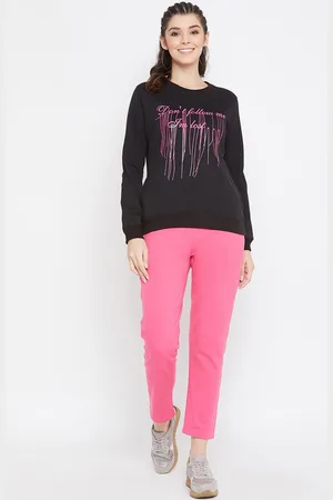 Bishop Cotton Women Black & Pink Printed Cotton Tracksuit