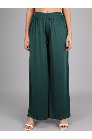 KOTTY Women Green Flared High-Rise Pleated Parallel Trousers