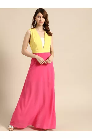 DODO & MOA Women Yellow & Pink Colourblocked Maxi Dress