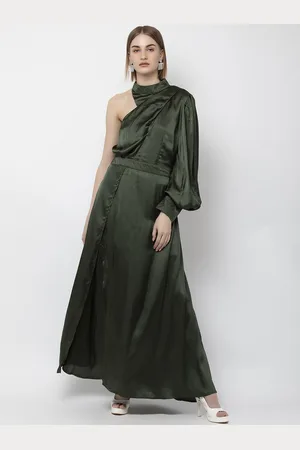 DODO & MOA Women Olive Green Satin Maxi Dress